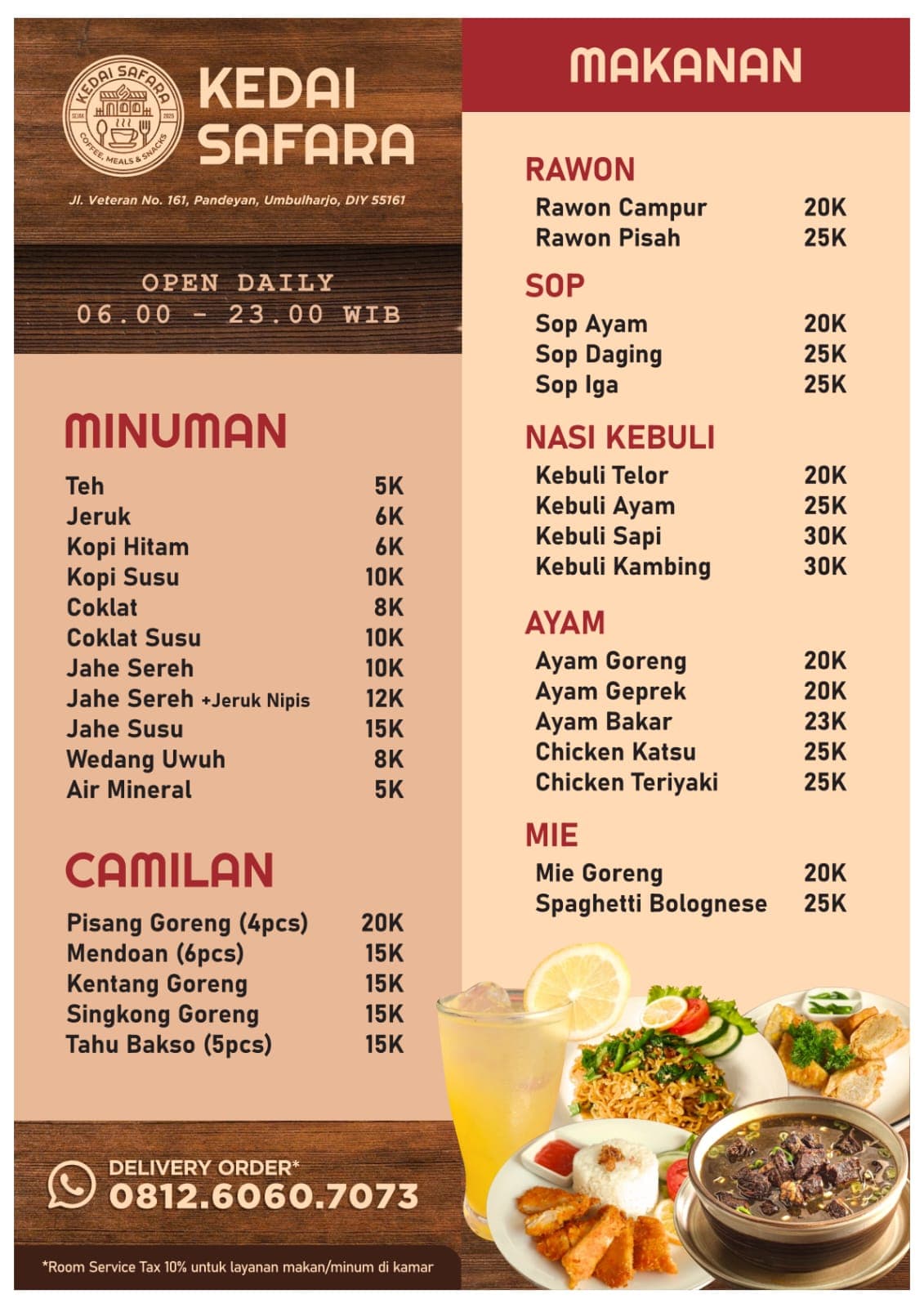 Daftar menu makanan dan minuman Kedai Safara beserta harga